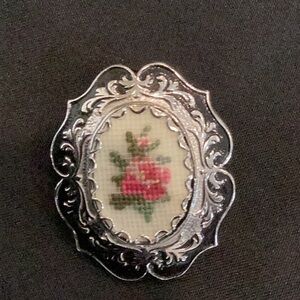 Vintage Petit Point Rose Pendant Brooch